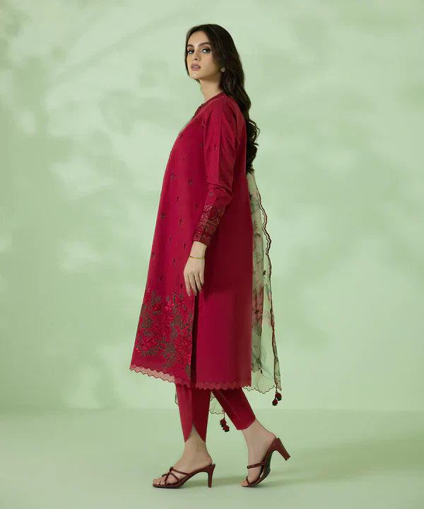 Red Florals Embroidered 3PC LD-0002