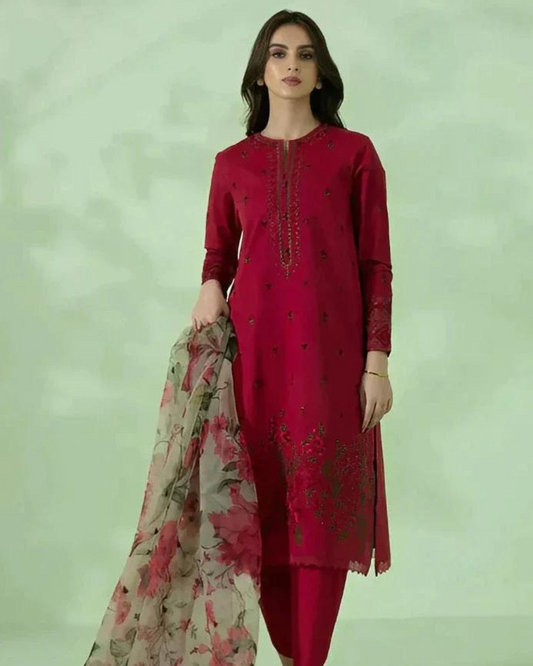 Red Florals Embroidered 3PC LD-0002