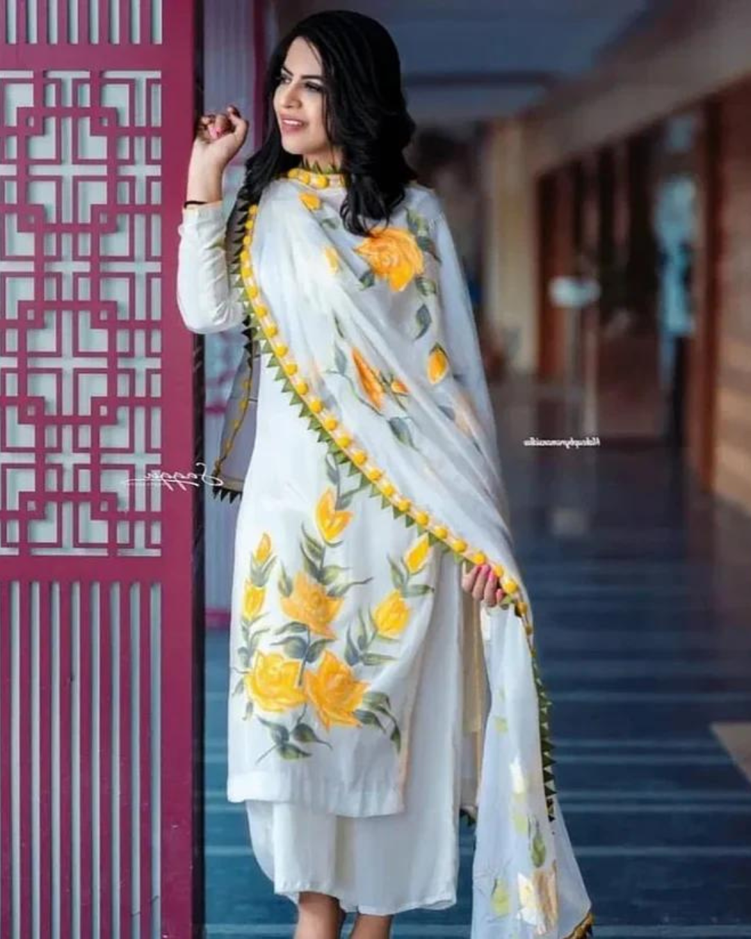 WHITE RAYON YELLOW FLOWER EMBROIDERED LAWN THREE PIECE SUIT